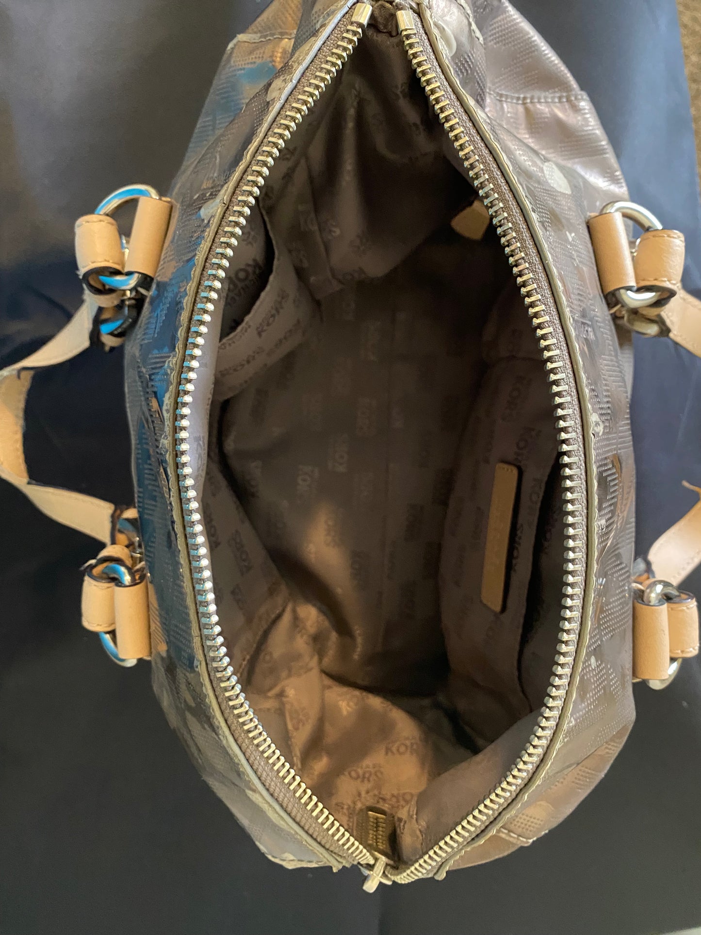 Michael Kors Monogram Patent Leather Satchel – Taupe/Beige