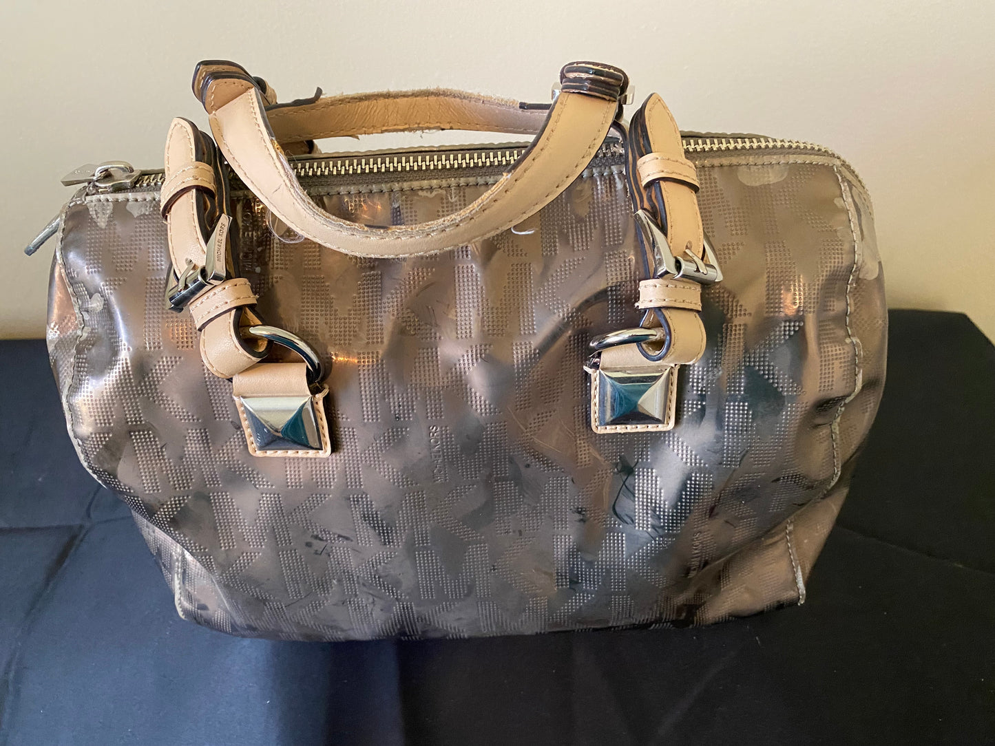Michael Kors Monogram Patent Leather Satchel – Taupe/Beige