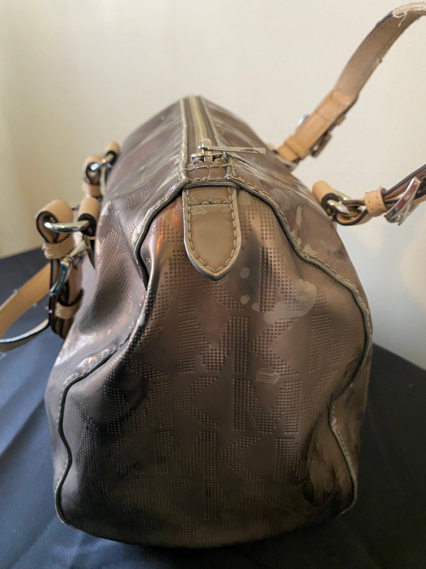 Michael Kors Monogram Patent Leather Satchel – Taupe/Beige