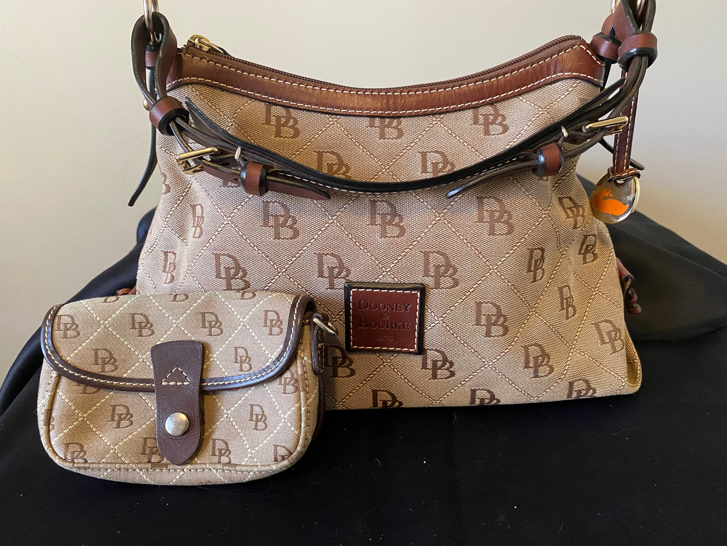 Dooney & Bourke Signature Monogram Shoulder Bag & Matching Mini Pouch – Classic Beige & Brown